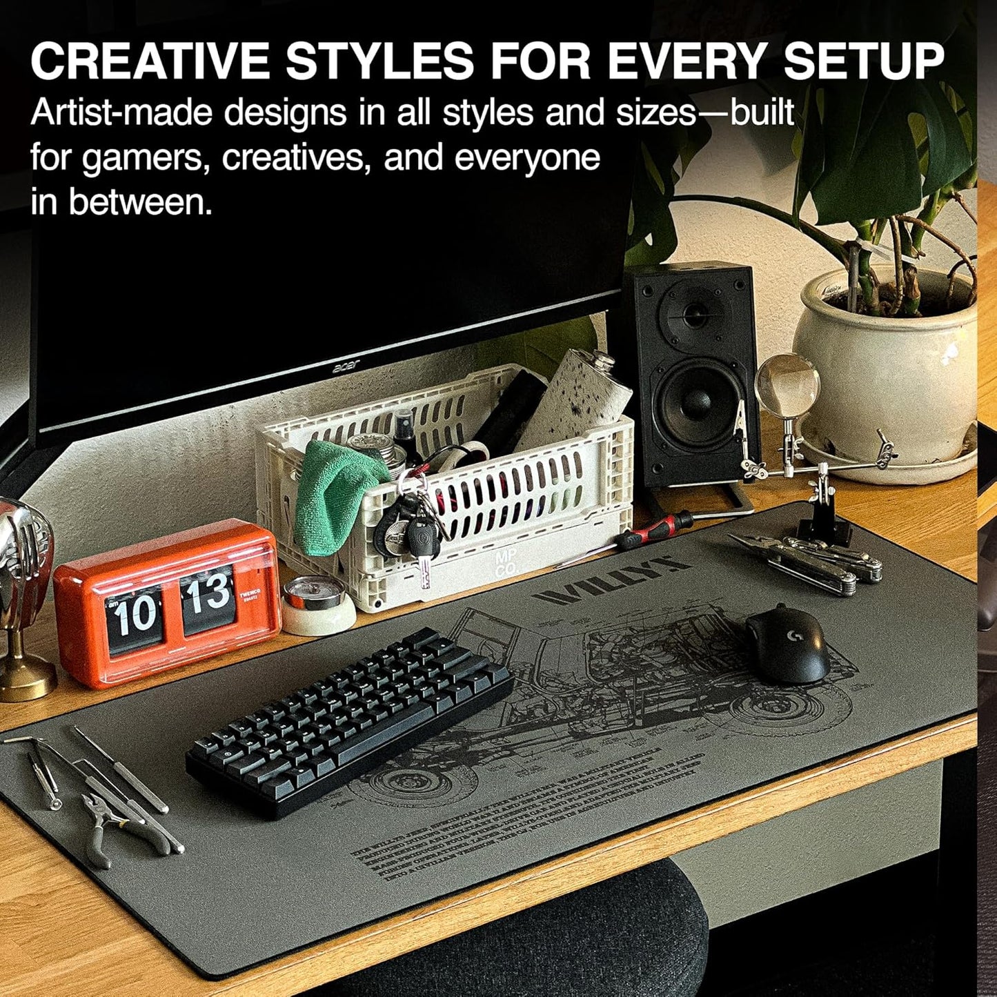 MPCO. Blueprints Large Gaming Desk Pad - 36" x 17" Aeroglyde Fabric Willys Jeep – Green Desk Mats - Non-Slip, Washable, Smooth Glide for Precision Gaming & Work