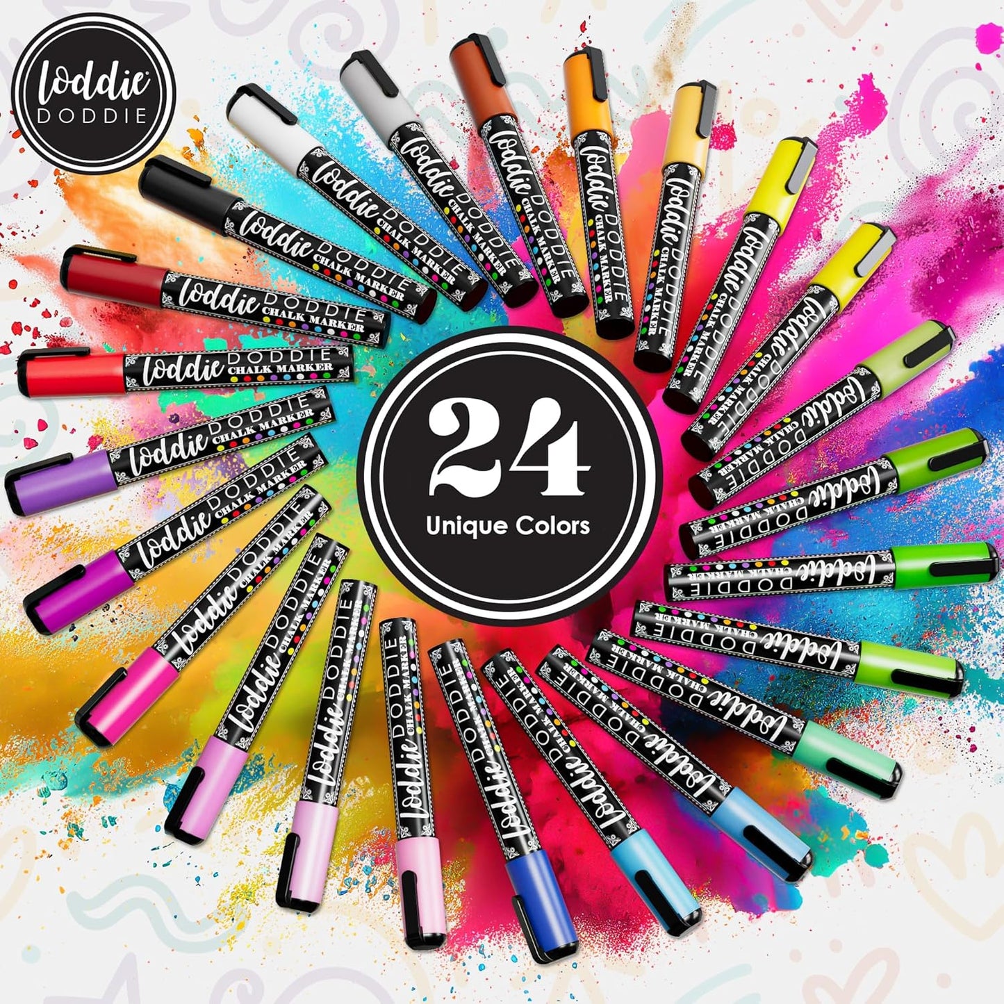 Loddie Doddie Chalk Markers - 24-Pack, 6mm Reversible Bullet & Chisel Tip - Dust-Free, Erasable Liquid Chalk Markers - Versatile for Windows, Glass & Chalkboard Surfaces