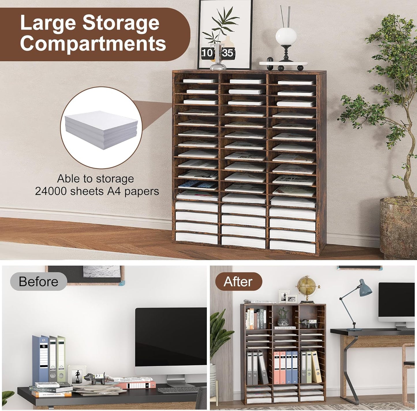 EasyPAG Mail Organizer Countertop, Wood Literature Organizer with Adjustable Shelves, Student Classroom Mailbox for School, Desktop Paper Sorter for Office Home, 48 Compartments, Archaize