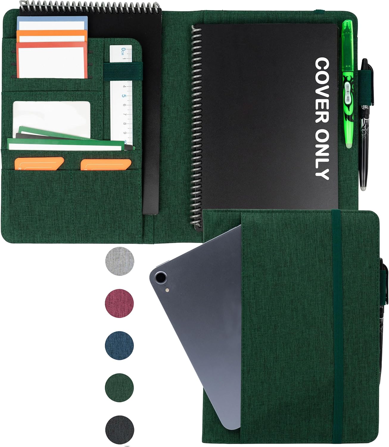 Sturdy Planner Cover for Rocketbook Smart Notebook - Water-Resistant Fabric Padfolio, Business Padfolio with Firm Writing Surface, Fits Executive Size A5, Rocketbook Accessories (Green)