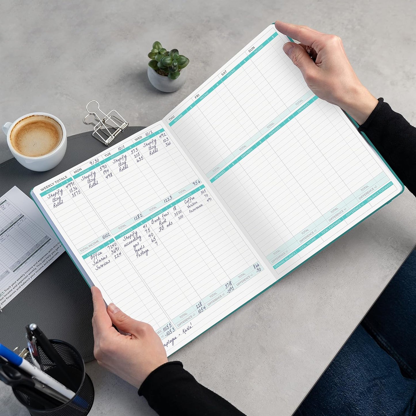 Clever Fox Income & Expense Tracker Large – Accounting & Bookkeeping Ledger Book for Small Business – 2-Year Record Notebook, A4 (Turquoise)