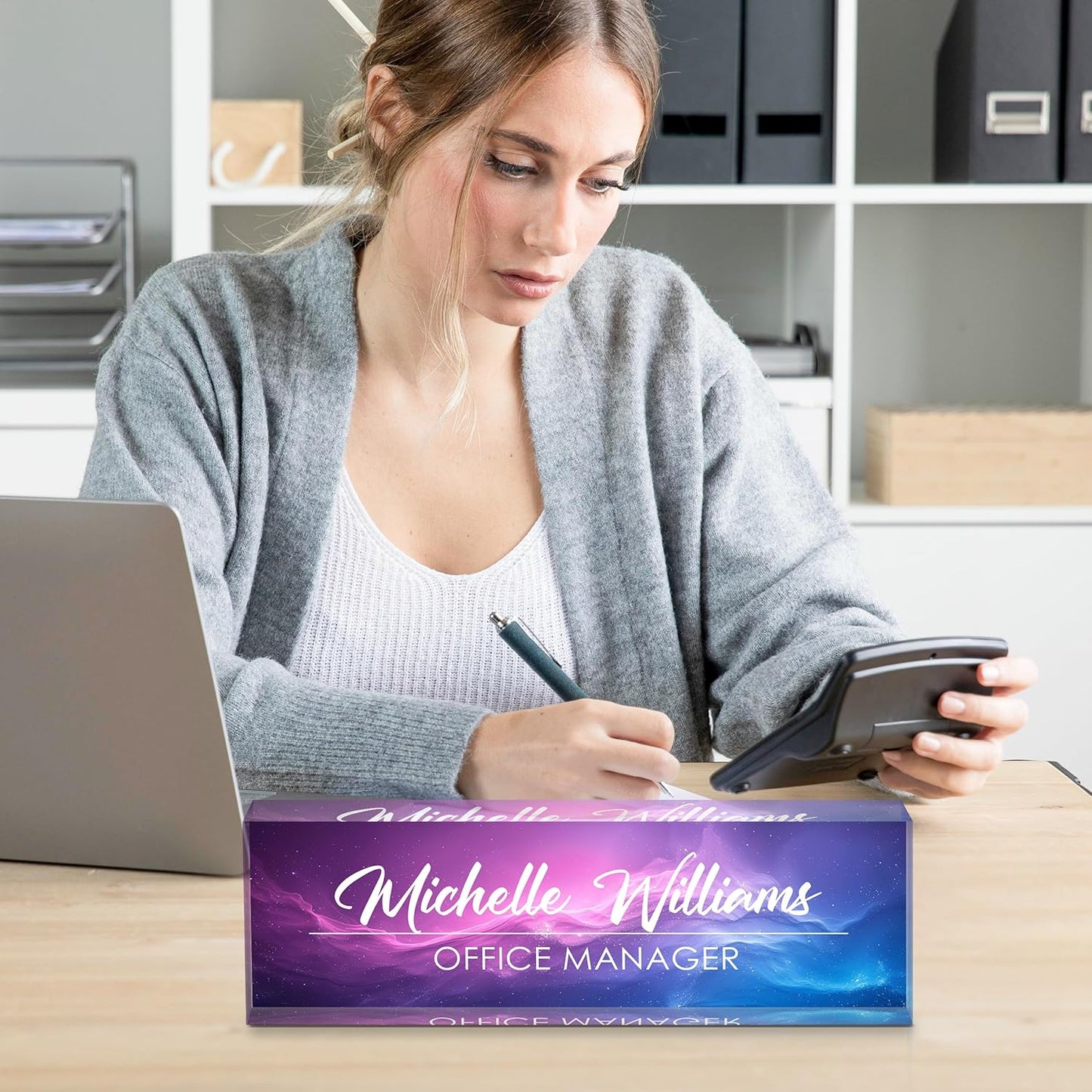 Personalized Name Plate for Desks, Custom Desk Name Plates, Acrylic Name Plate Office Desk Accessories, Personalized Office Gifts for Coworkers Teachers, Employee Appreciation Gifts (Purple Nebula)