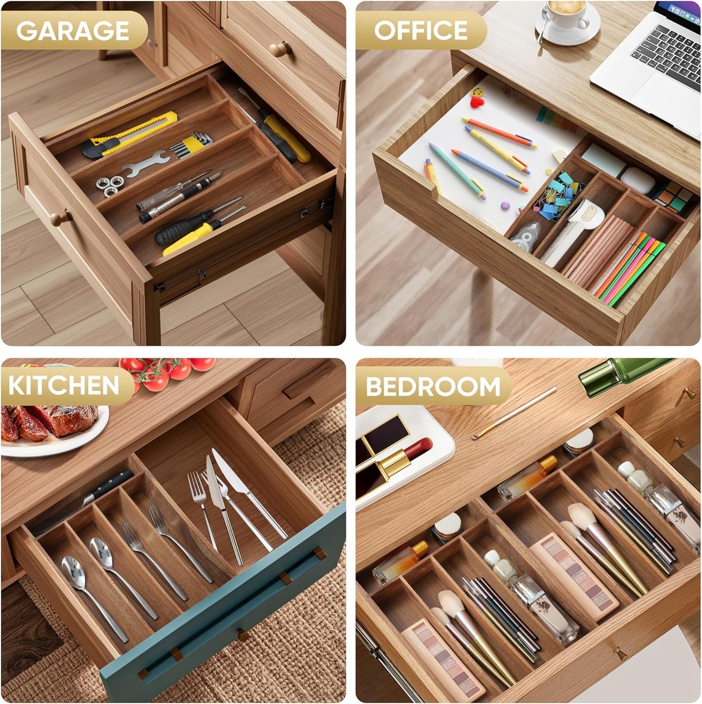 Silverware Organizer, 2 Pack 10 Inch Utensil Organizer Kitchen Drawer Organizer Acacia Silverware Holder Cutlery Tray Organizer in Drawer Flatware Organizer Tray(5 slots, Acacia)