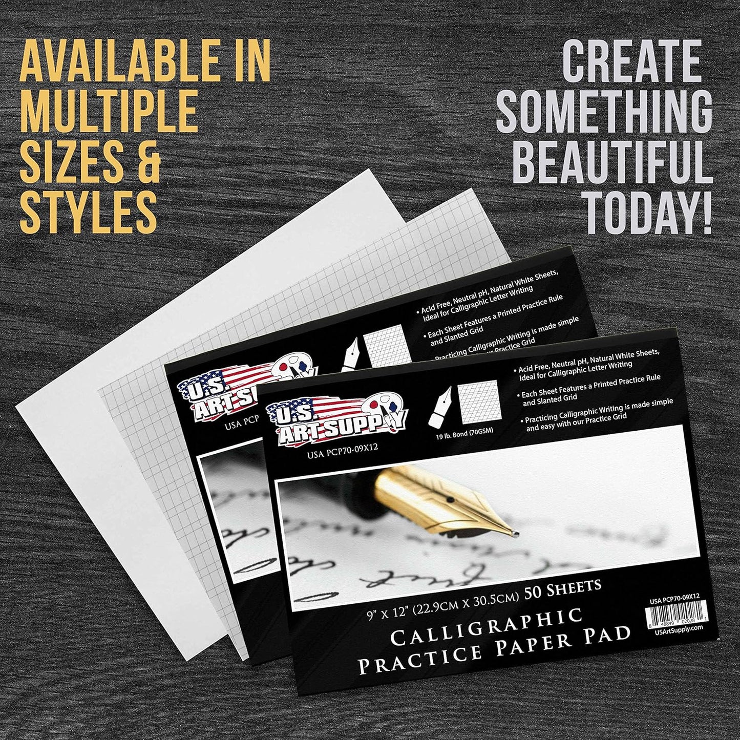U.S. Art Supply (Pack of 2 Pads) - 9" x 12" Premium Calligraphic Practice Paper Pad, 19 Pound Bond (70gsm), Pad of 50-Sheets, Calligraphy Paper with Printed Practice Rule and Slanted Grid