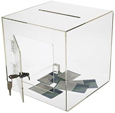 Source One Premium Acrylic Cube Donation Box with Deluxe Rear Open Door and Cam Lock Suggestion Box (8 Inch, Clear)