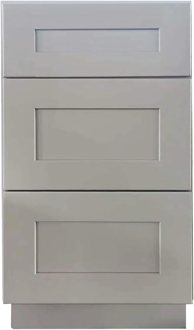 Shaker Style Grey RTA Base Drawer Cabinet by Solid Wood for Kitchen, Bathroom, Bedroom or Office with 3 Drawers and Soft Close(18" W x 24" Depth x 34-1/2" H)