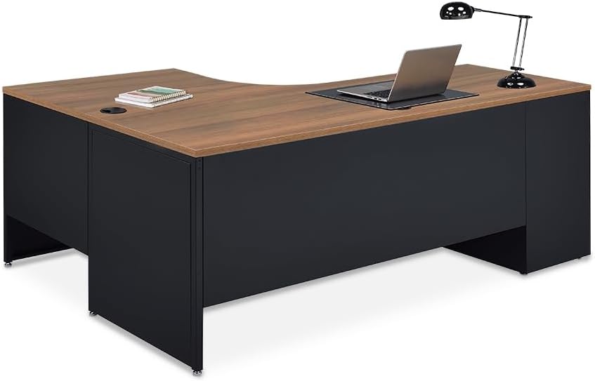 NBF L-Shaped Executive Office Desk - Durable Laminate Computer Desk with 3 Drawers Pedestal - Modern Desk with Storage and File Cabinet - 72" W x 48" D Office Work Desk, Oak