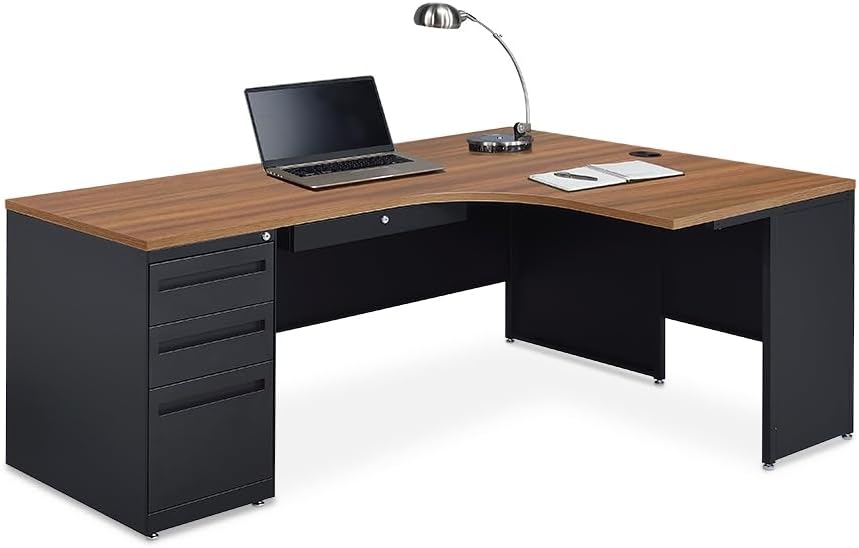 NBF L-Shaped Executive Office Desk - Durable Laminate Computer Desk with 3 Drawers Pedestal - Modern Desk with Storage and File Cabinet - 72" W x 48" D Office Work Desk, Oak