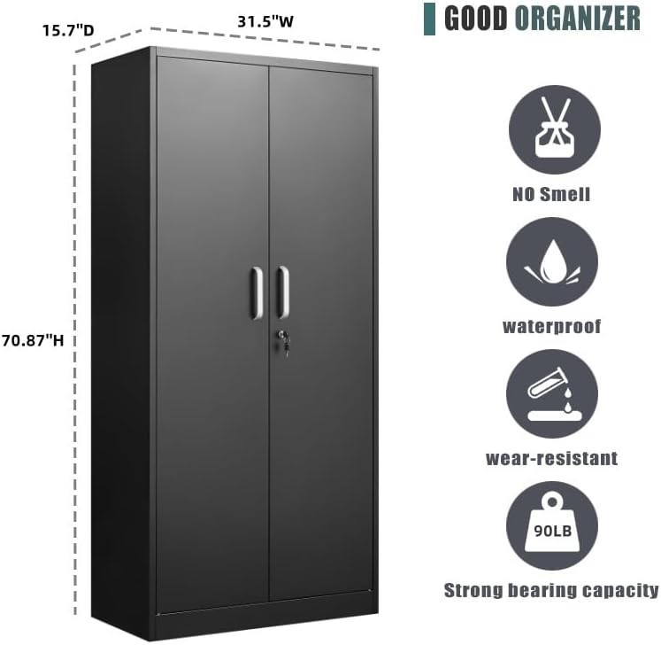 Metal Storage Cabinet with Adjustable Shelves, Garage Cabinet with 2 Lockable Doors, Garage Storage Cabinet, Kitchen Pantry Cabinet - 71'H, Black