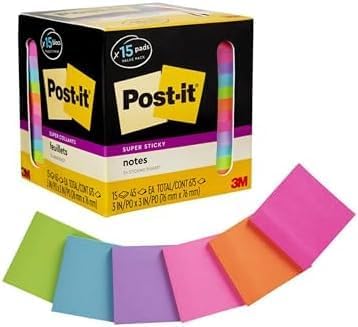 Post-it Super Sticky Notes, Assorted Bright Colors, 3x3 in, 15 Pads/Pack, 45 Sheets/Pad, 2X The Sticking Power, Recyclable, Multi-Color (Pack of 6)