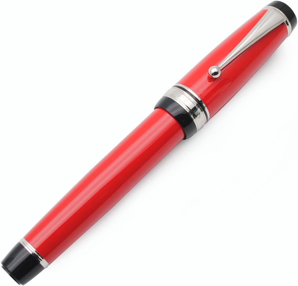 Metal Big Fountain Pen Set Medium Nib 0.7mm, Includes Ink Refill Converter, 5 Ink Cartridges & Gift Box (Medium Nib 0.7mm, Red with Silvery Clip)