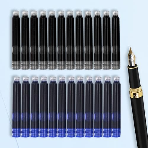 Dryden Designs Ink Cartridges for Fountain Pen | Set of 24 (12 Black & 12 Blue) - Short International Standard Size - Disposable and Generic Ink Refill Cartridges - Perfect for Calligraphy