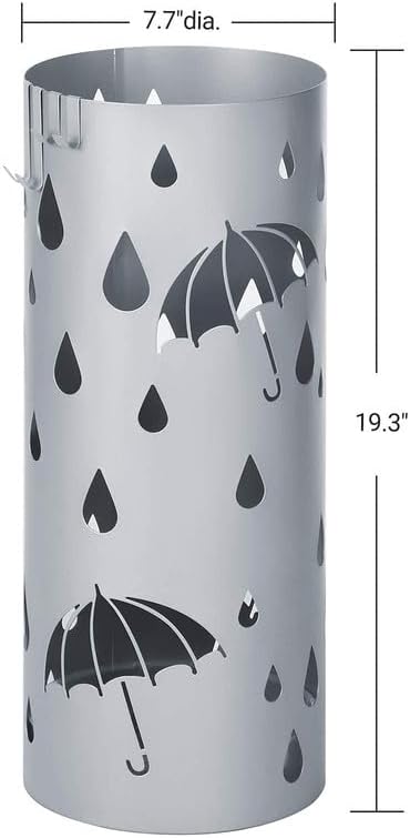 SONGMICS Umbrella Stand, Metal Umbrella Holder for Entryway, with Water Tray and 4 Hooks, 7.7 x 7.7 x 19.3 Inches, Round, Silver Grey ULUC23S