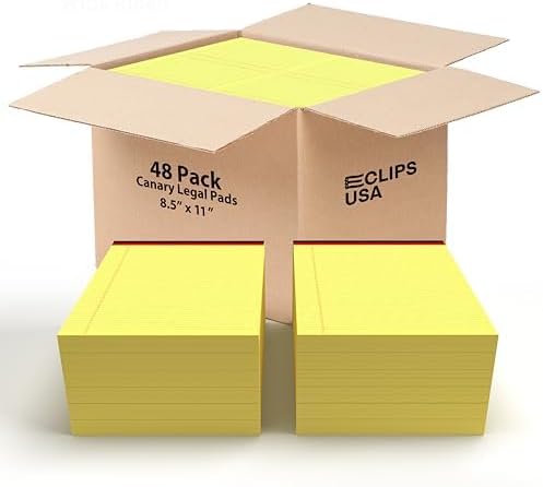 E-CLIPS USA Notepads, Legal Pads, Note Pads 8.5 x 11, Legal Wide Rule Notepad, Canaray, Chipboard Back, Writing Pad, Office Supplies, 50 Sheets Per Pad (48 Pack)
