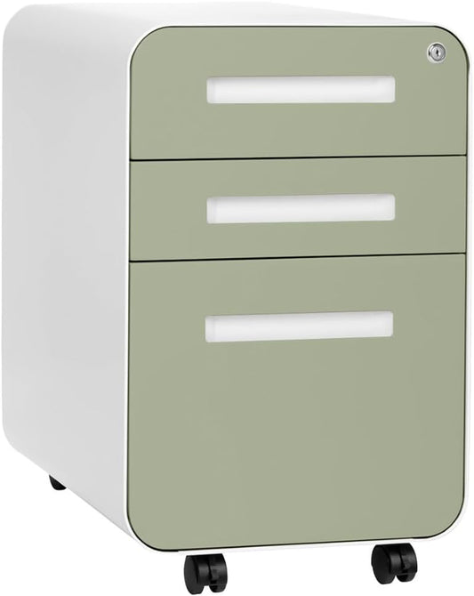 Laura Davidson Furniture Stockpile 3 Drawer File Cabinet with Lock - Under Office Desk Metal Filing Cabinet, Legal/Letter File Folders, Wheels and Stationary Feet, Pre-Assembled, Sage Green