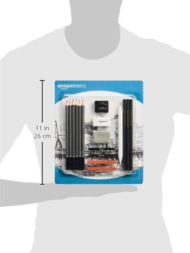 Amazon Basics Sketching and Drawing Art Pencil Kit, Artist Supplies with Pencils, Erasers, Sharpener, Charcoal, Black, White, 17 Piece Set