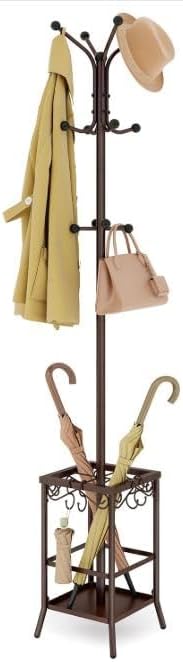 Hoctieon Coat Rack Freestanding, Coat Tree with Umbrella Holder, Metal Coat Rack Stand with 12 Hooks, Standing Coat Hanger Stand, Umbrella Stand for Entryway, Hat Rack Stand for Home Office, Brown