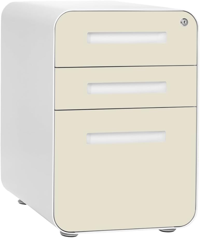 Laura Davidson Furniture Stockpile 3 Drawer File Cabinet with Lock - Under Office Desk Metal Filing Cabinet, Legal/Letter File Folders, Wheels and Stationary Feet, Pre-Assembled, Ivory