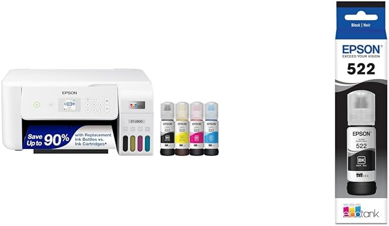 Epson EcoTank ET-2800 Wireless Color All-in-One Cartridge-Free Supertank Printer & 522 EcoTank Ink Ultra-high Capacity Bottle Black (T522120-S)