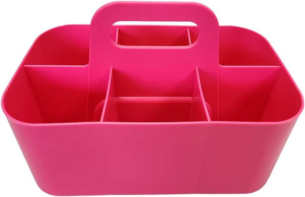 Small Stackable Plastic Caddy with Handle 6 Compartment | Desk, Makeup, Dorm Caddy, Classroom Art Organizers - 4 Pack, Made In USA (Hot Pink)