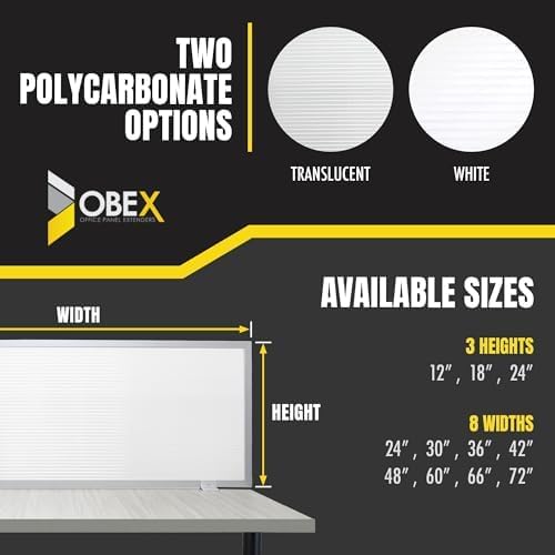 OBEX Polycarbonate Office Desk Mounted Privacy Screen Adjustable Table Top Panel Divider, Universal Aluminum Bracket-USA Made, 18" x 66", White