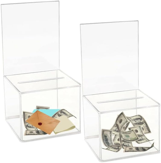 Acrylic Charity Donation Ballot box Fundraising Coin collection Tip box 5" x 5" x 4" office Suggestion Box Piggy Bank ticket bucket with 4" x 6" Sign Poster Display area(2 Pack)