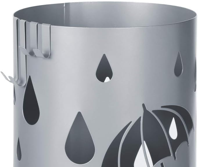 SONGMICS Umbrella Stand, Metal Umbrella Holder for Entryway, with Water Tray and 4 Hooks, 7.7 x 7.7 x 19.3 Inches, Round, Silver Grey ULUC23S