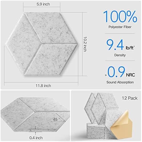 12 Pack Self-adhesive Acoustic Panels 12" X 10" X 0.4" - Sound Proof Foam Panels with High Density,Stylish Y-Lined Design, Flame Resistant, Absorb Noise and Eliminate Echoes(Silver Gray)