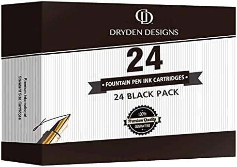 Dryden Designs Fountain Pen Ink Cartridges - Set of 24 Black Ink CARTRIDGES - Short International Standard Size - Disposable and Generic Ink Refill Cartridges - Perfect for Calligraphy
