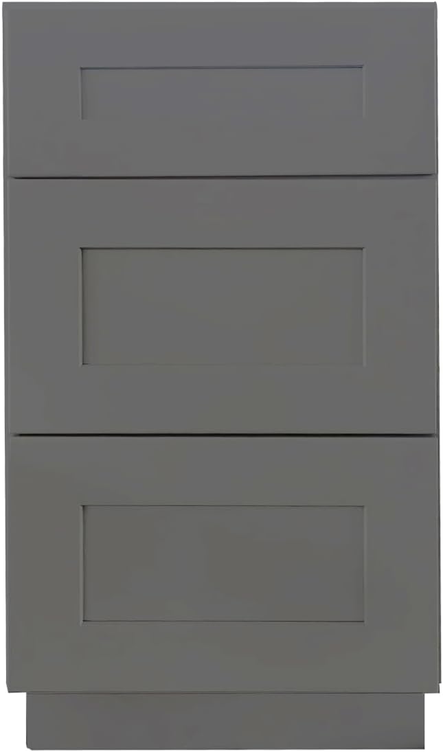 Shaker Style Pebble Grey RTA Base Drawer Cabinet by Solid Wood for Kitchen, Bathroom, Bedroom or Office with 3 Drawers and Soft Close(15" W x 24" Depth x 34-1/2" H)