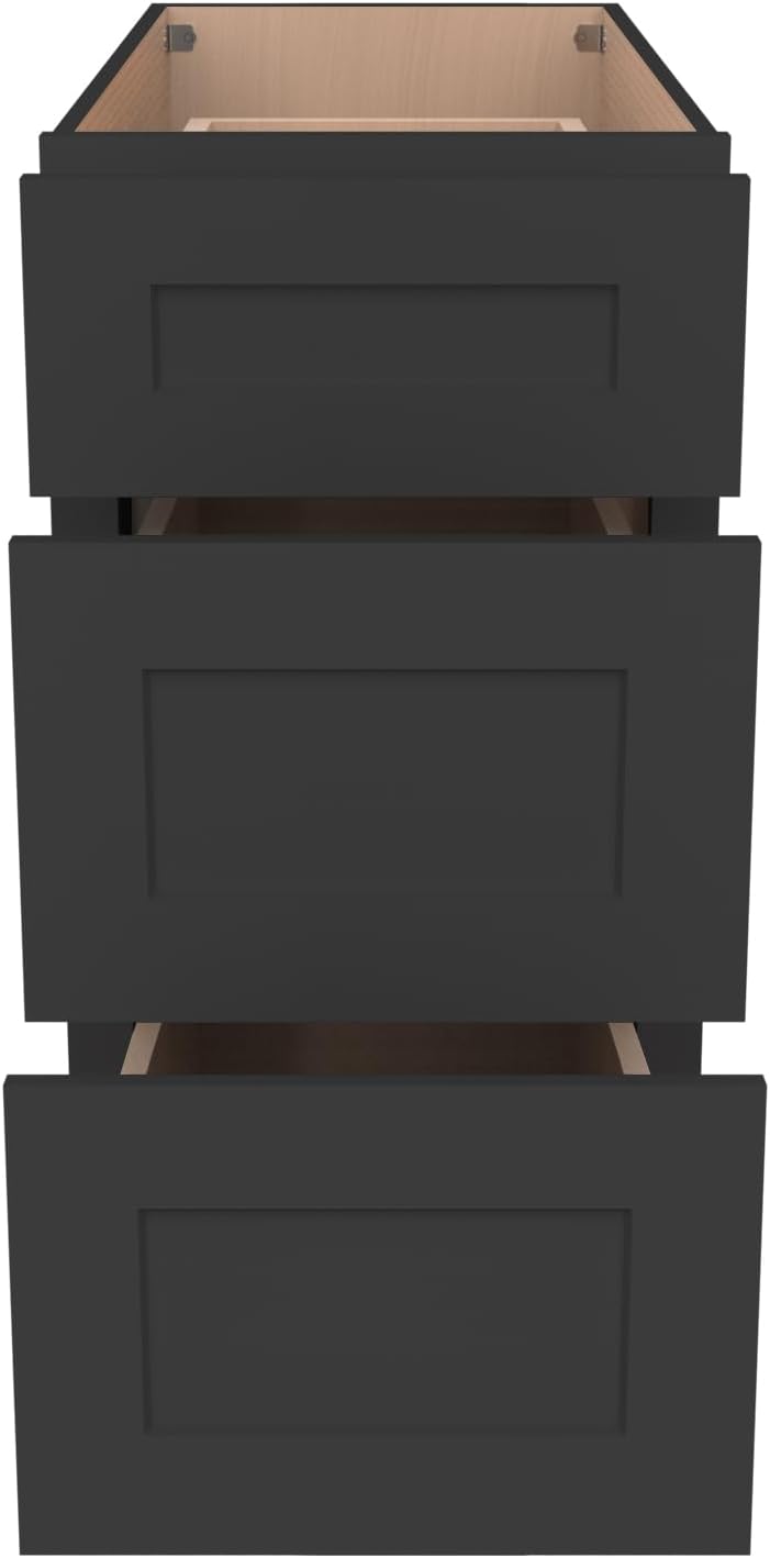 Shaker Style Charcoal Black RTA Base Drawer Cabinet - Solid Wood 3-Drawer Design with Soft Close Feature, 15" W x 24" D x 34.5" H, Perfect for Standalone Use or Kitchen Cabinet Combinations