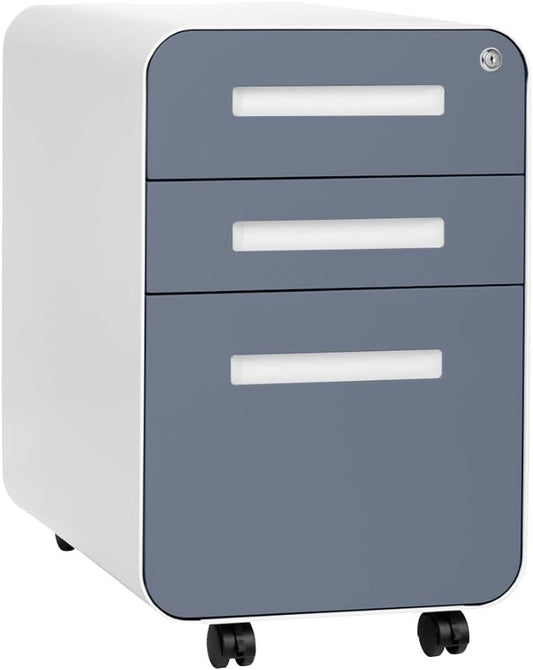 Laura Davidson Furniture Stockpile 3 Drawer File Cabinet with Lock - Under Office Desk Metal Filing Cabinet, Legal/Letter File Folders, Wheels and Stationary Feet, Pre-Assembled, Coastal Blue
