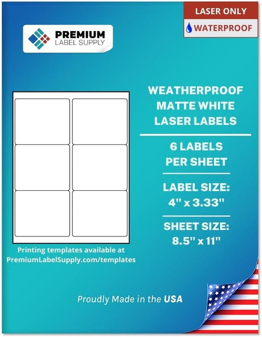Premium Label Supply Waterproof Matte White Sticker Labels – 4" x 3.33" – Laser Printers Only – (6 per Sheet), 25 Sheets - 150 Total Adhesive Labels