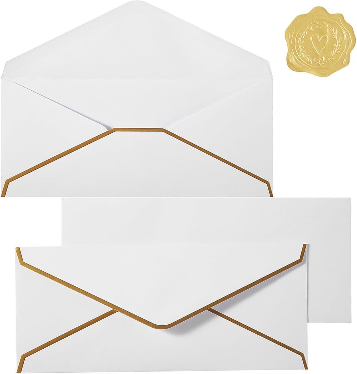 30 Pack Thick #10 Business Envelopes with Gold Border, 4 1/8 x 9 1/2 Thick Paper Standard Envelopes with Stickers for Office, Checks, Letter Mailing, Invoices (White)