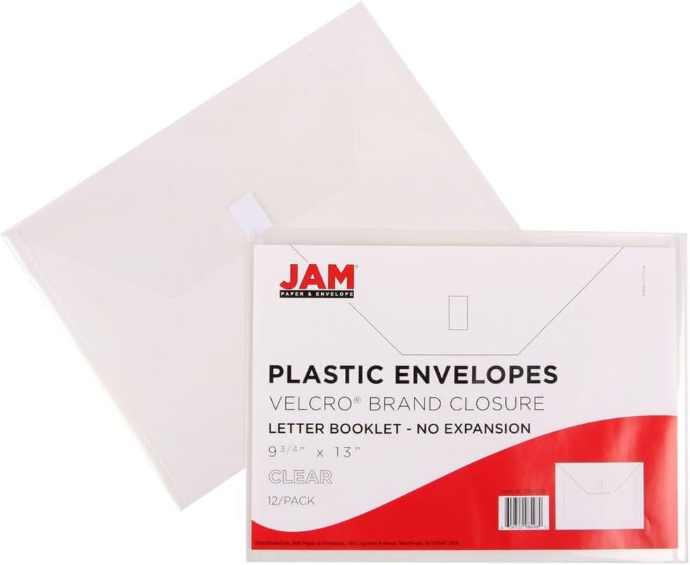JAM PAPER Plastic Envelopes with Hook & Loop Closure - Letter Booklet - 9 3/4 x 13 - Clear - 3/Pack