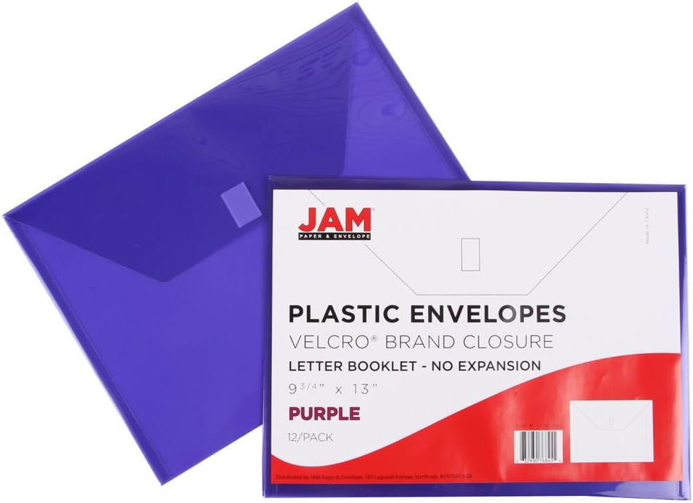 JAM PAPER Plastic Envelopes with Hook & Loop Closure - Letter Booklet - 9 3/4 x 13 - Purple - 12/Pack