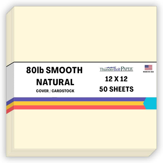 50 Natural Smooth Card Stock Sheets Paper - 12 X 12 Inches Scrapbook Album|Cover Size - 80# (80 lb/pound) Cover Weight - Quality Paper - Smooth Finish
