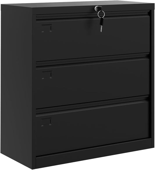 GarveeHome 3-Drawer Lateral File Cabinet with Lock,Heavy Duty Steel Office Storage for Letter/Legal/A4 Documents, Easy Assembly Space-Saving Design - Black