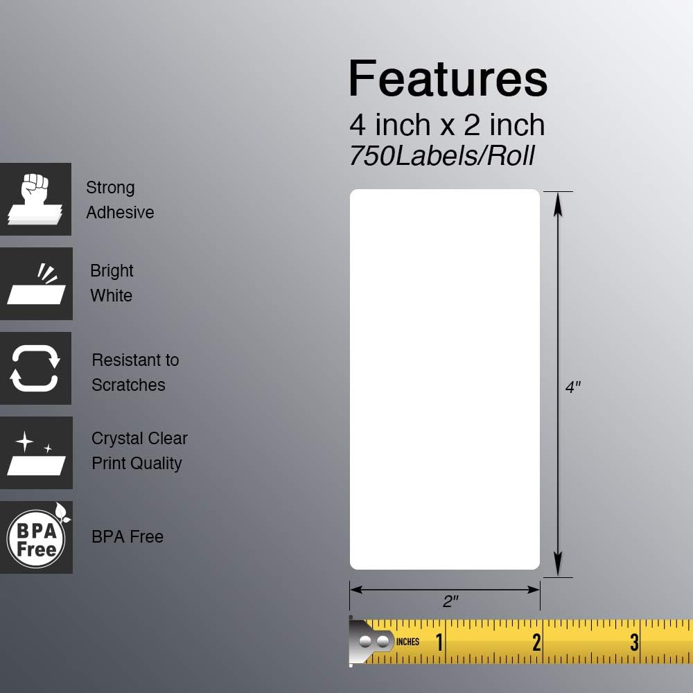 BETCKEY - 4" x 2" (102 mm x 51 mm) Barcode Shipping & Multipurpose Labels Compatible with Zebra & Rollo Label Printer,Premium Adhesive & Perforated [1 Rolls, 750 Labels]