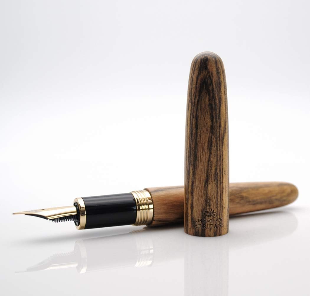 JINHAO 9056 Natural Wood Fountain Pen Handmade Ink Pen (Tiger Wood, Fine Nib 0.5mm)