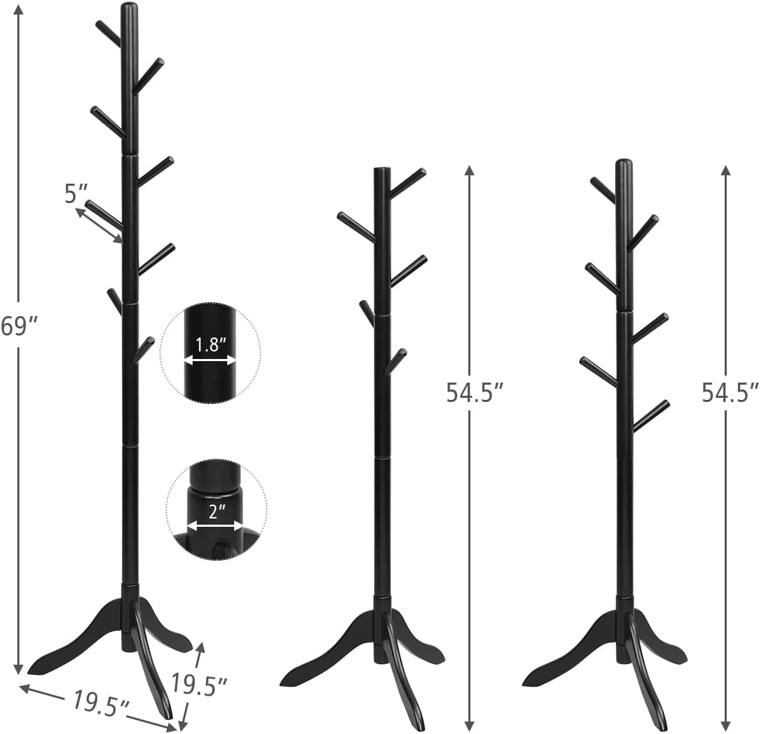 Tangkula Wooden Tree Coat Rack Freestanding, Entryway Coat Stand with 8 Hooks, Height Adjustable Coat Tree, Coat Hanger Stand for Home Office Hall Entryway