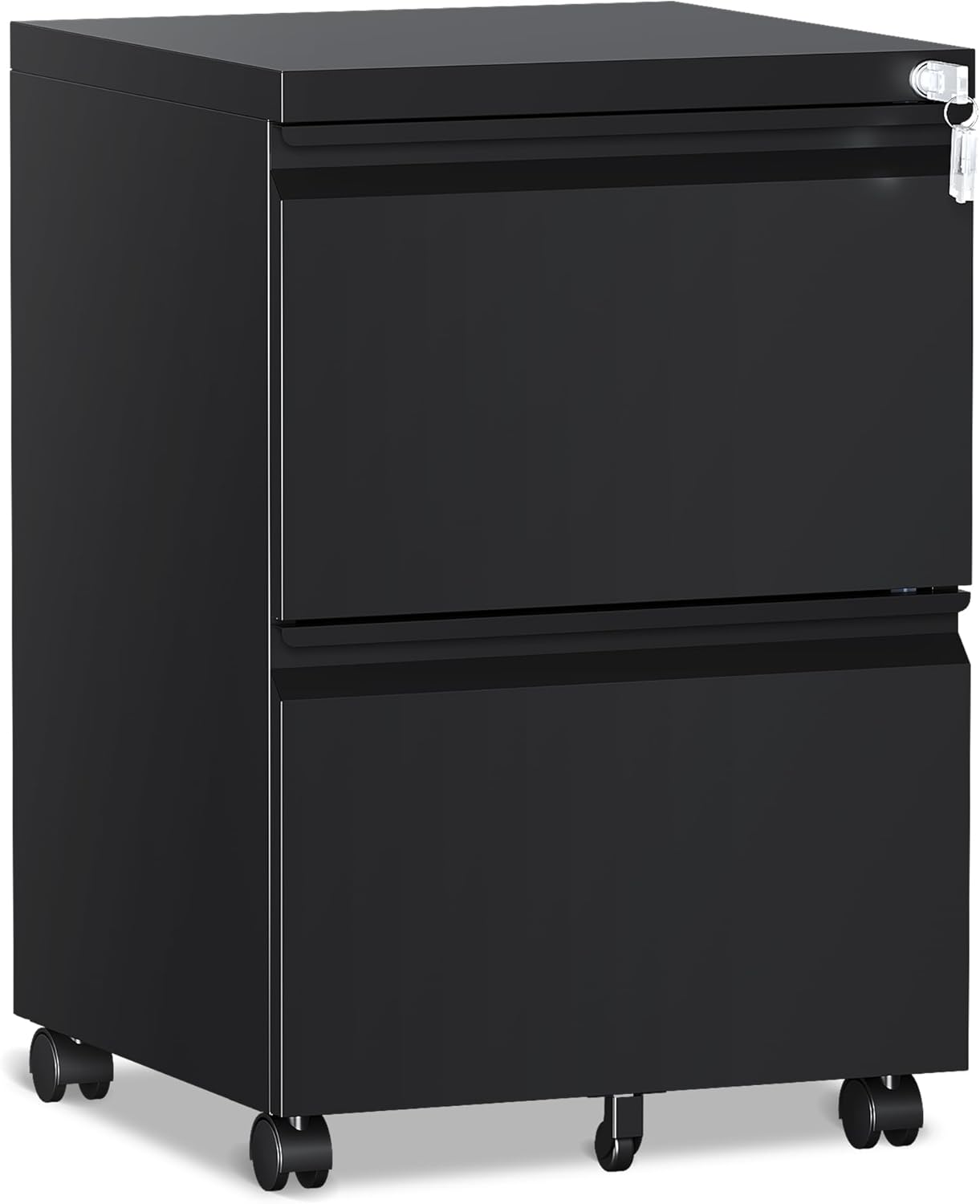 2 Drawer File Cabinet，Mobile Filing Cabinet with Lock and Wheels，Fully Assembled Metal Under Desk File Cabinets for A4/Letter/Legal Size（Black