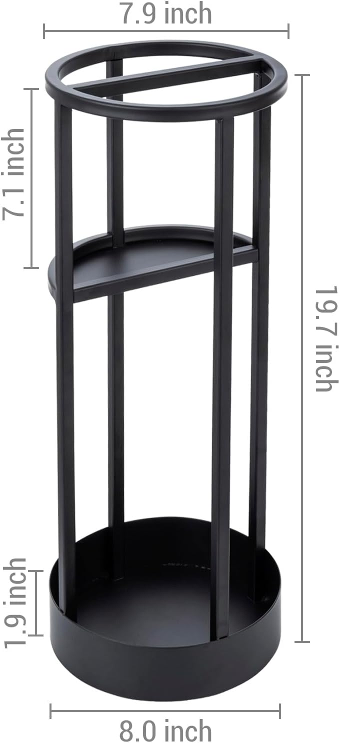 MyGift 20 Inch Tall Modern Round Matte Black Metal Freestanding Entryway Umbrella Rack or Cane Holder with Shelf for Small Umbrellas and Bottom Drip Catch