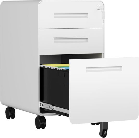 3 Drawer File Cabinet, Fully Assembled Mobile File Cabinets with Lock for Home Office, Metal Rolling Filing Caninet on Wheels, Three Drawer Under Desk Cabnet for Letter/Legal / A4 - White