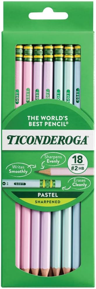 Ticonderoga Wood-Cased Pencils, Pre-Sharpened, 2 HB Soft, Pastel Colors, 18 Count