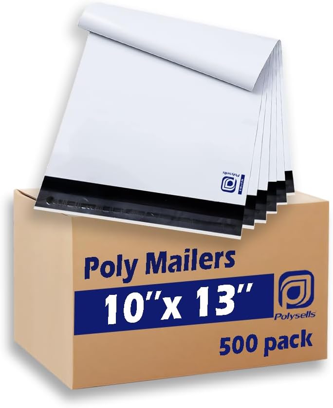 POLYSELLS 500 Pack 10x13 Inch Poly Mailers Shipping Envelopes, Strong Adhesive Sealing, Waterproof, and Tear-resistant Postal Mailing Bags for Clothing, Books, and Accessories White