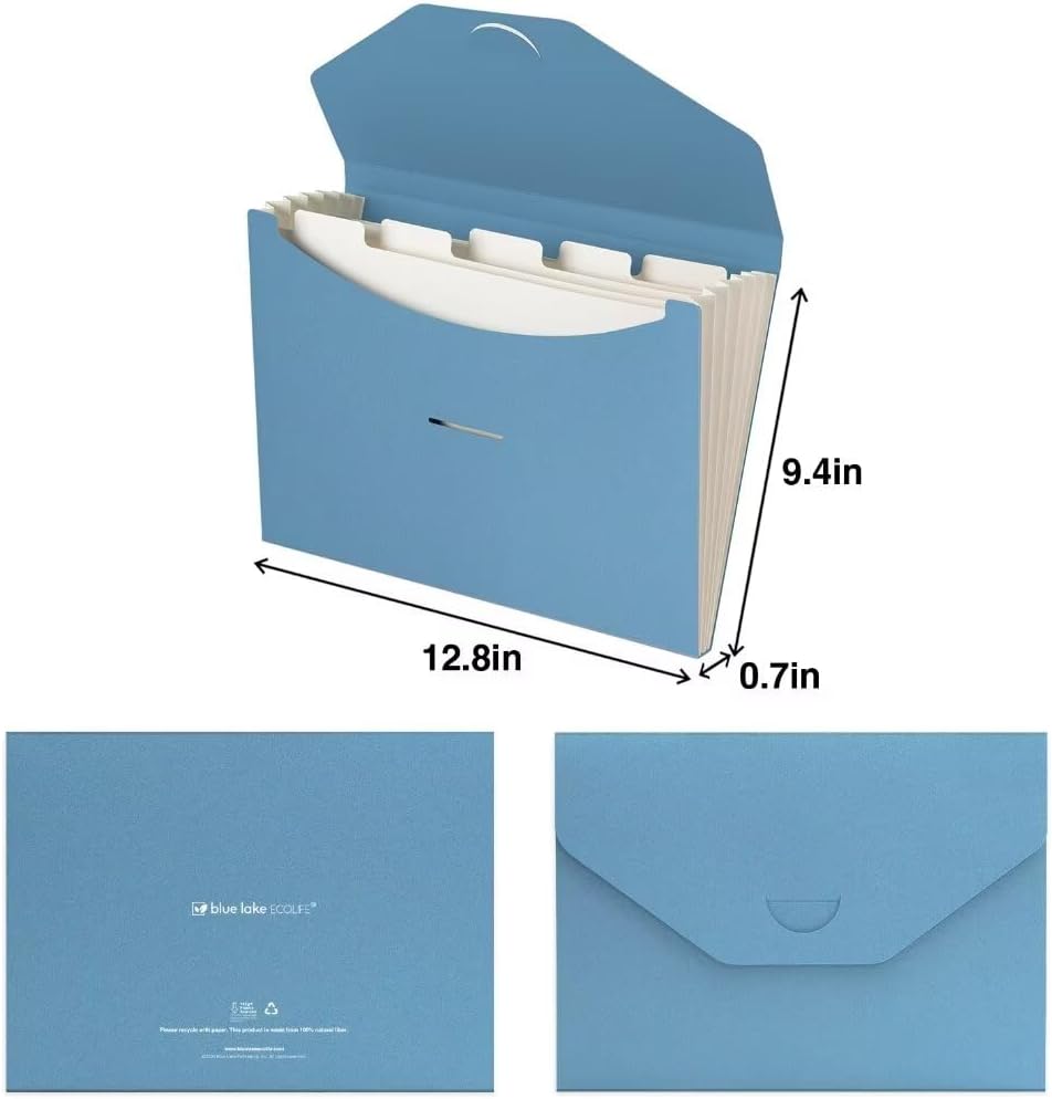 Blue Lake ECOLIFE 6-Pockets Recyclable Paper Expanding File Document Folder Plastic Free, Accordian File Organizer - A4 Letter Size, 200 Sheet for School, Office, Home Carolina