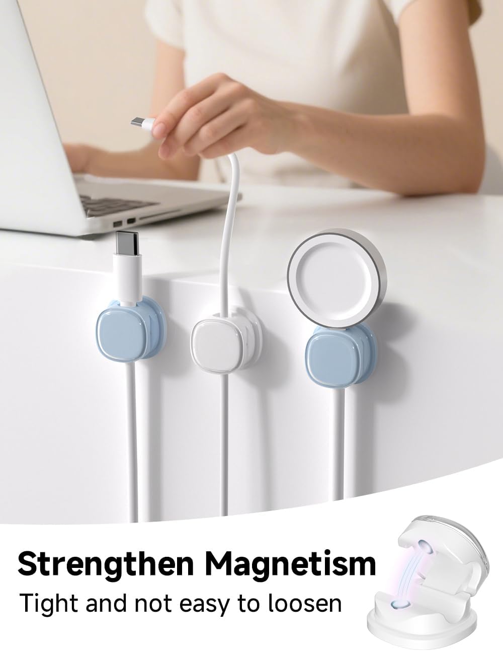 Magnetic Cable Clips, Adjustable Cord Holder Management, Adhesive Wire Keeper Organizer for Home Office Desk Phone PC Car Wall Desktop Nightstand Appliance (9-PCS White & Blue)