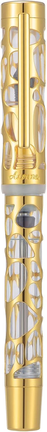 Asvine V169 Vacuum Filling Fountain Pen Fine Nib, Water Drop Skeleton Gold Trim Transparent Clear Acrylic Pen Case Set
