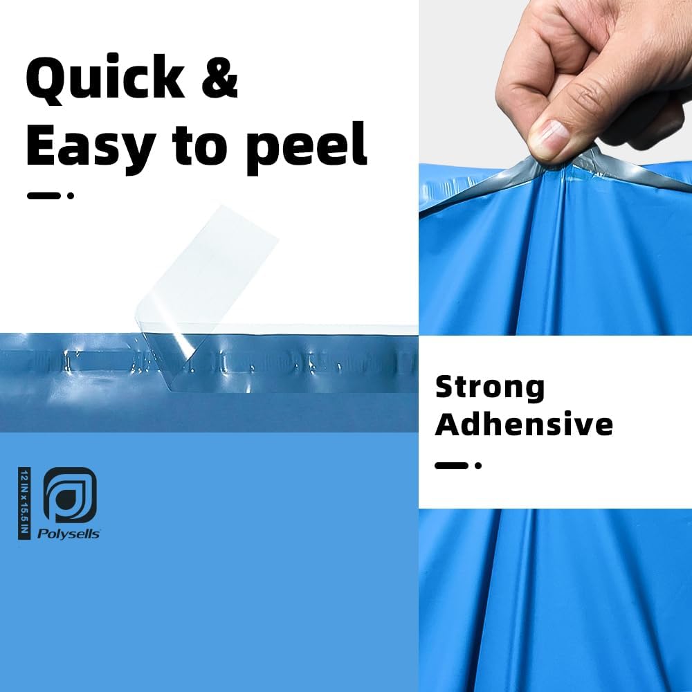 POLYSELLS 500 pcs 12x15.5 Inches Blue Poly Mailers Shipping Envelopes, Strong Adhesive Sealing, Waterproof, and Tear-resistant Postal Mailing Bags for Clothing, Books, and Accessories